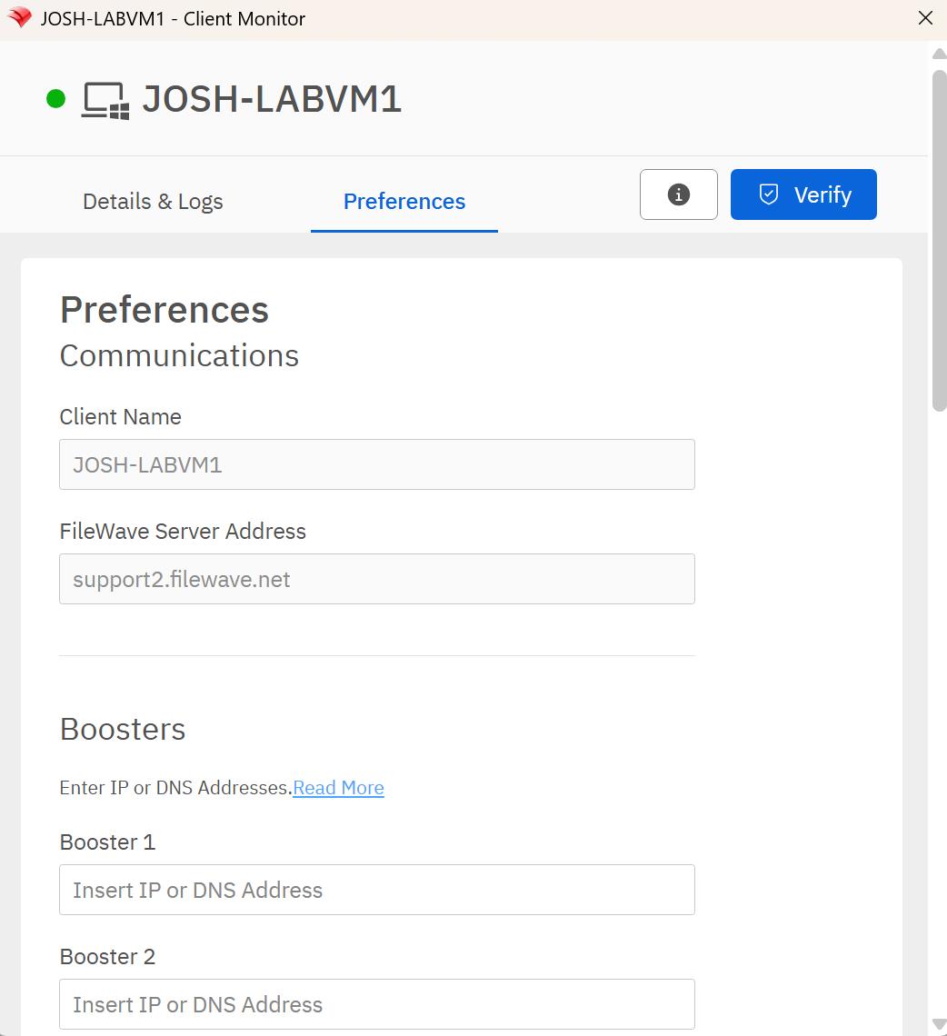 Current Client Monitor Preferences showing Client Name and FileWave Server Address without a name-synchronization toggle.