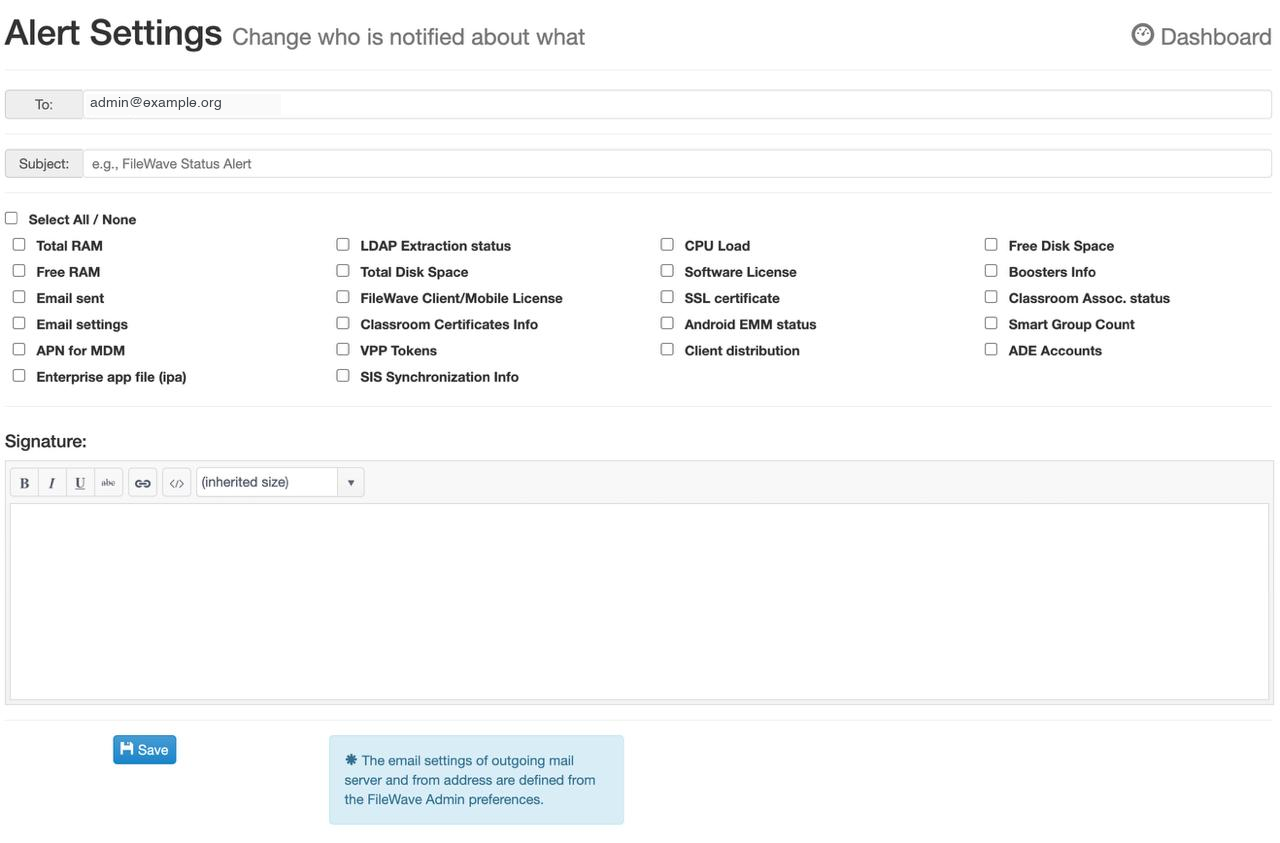 Alert Settings with recipient, subject, notification categories, signature and Save controls.