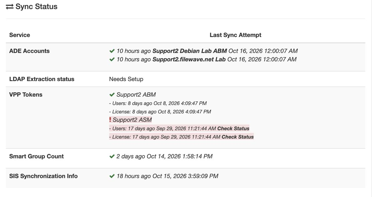 Sync Status showing VPP user and license synchronization warnings and LDAP Needs Setup.