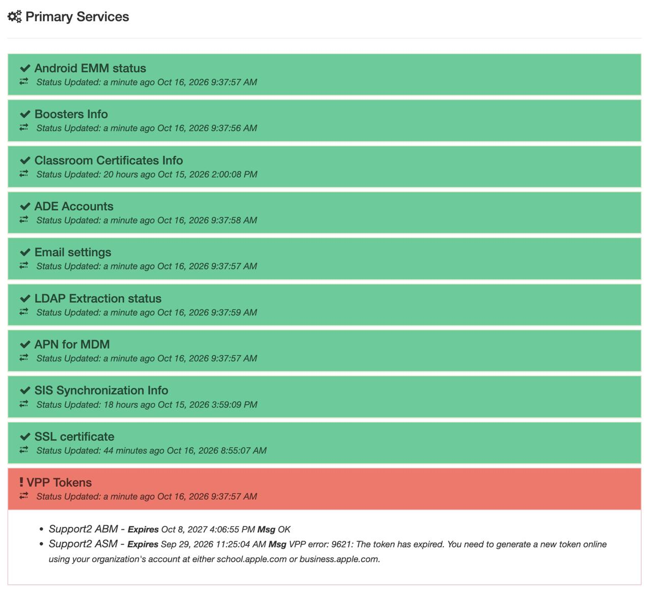 Primary Services with VPP Tokens expanded to show an expired Apps and Books token, error 9621.