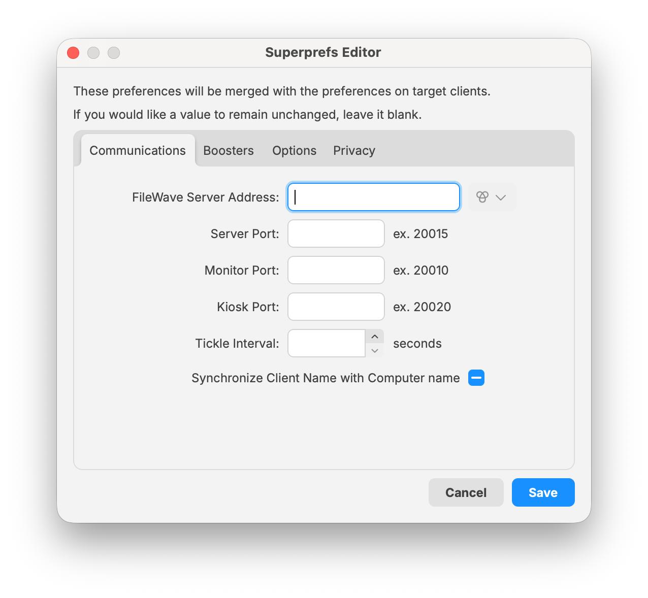 Superprefs Editor Communications tab showing Synchronize Client Name with Computer name in the unset state.
