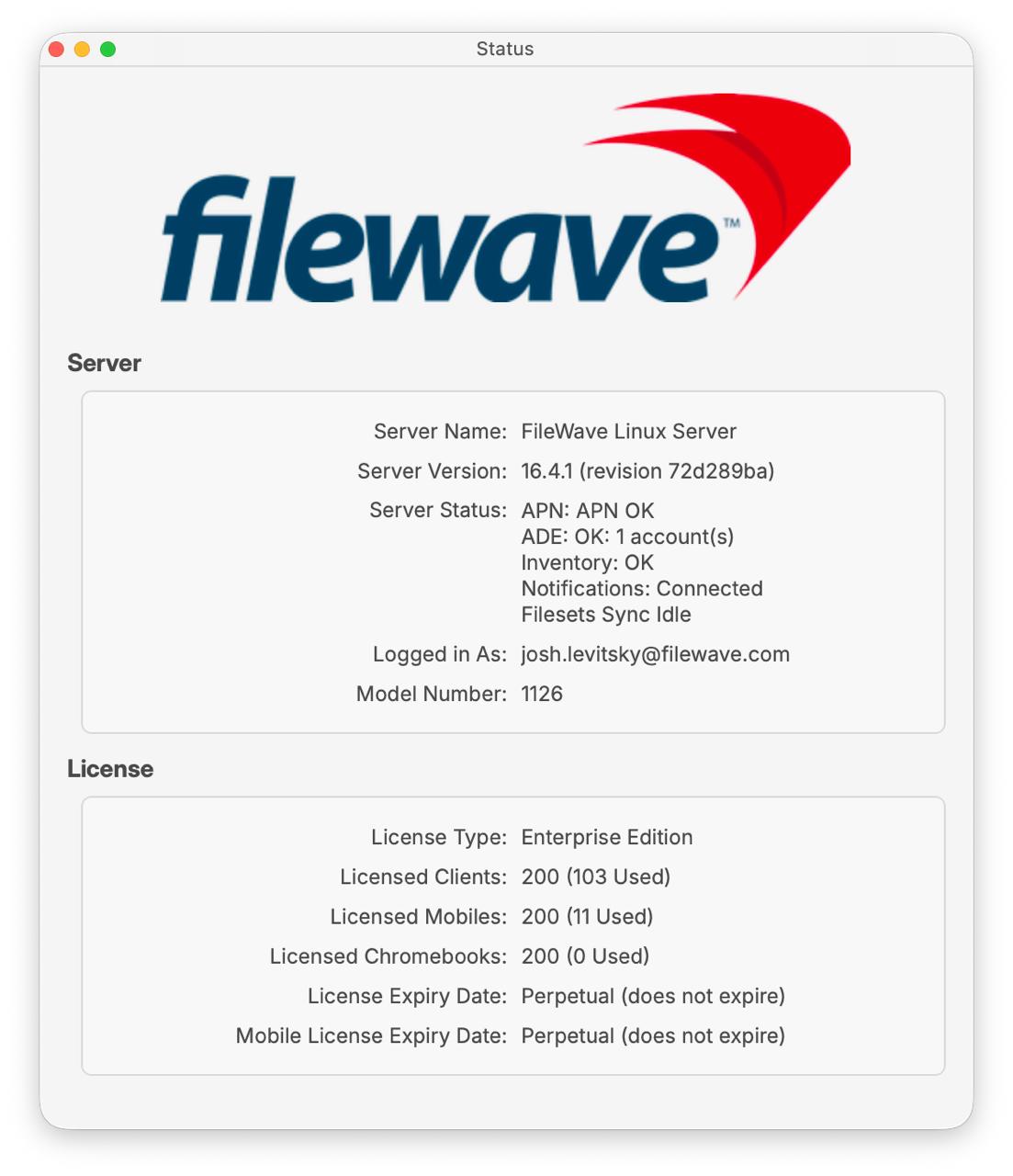 FileWave Central Status dialog showing License Type, licensed and used device counts, and perpetual license expiry values