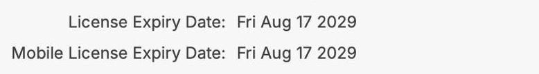 License Expiry Date and Mobile License Expiry Date both displaying Fri Aug 17 2029